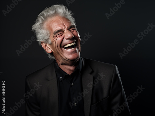 Middle-aged man smiling and laughing in the studio