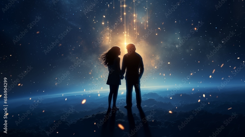 A man and a woman standing in front of a star filled sky