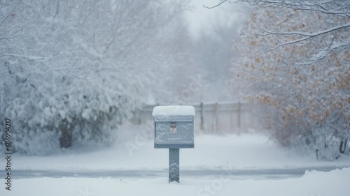 Snow-covered mailbox with winter background.