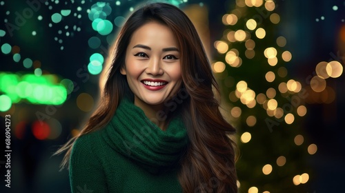 Beautiful smiling asian woman wearing a green sweater. Bokeh christmas atmosphere on the background.