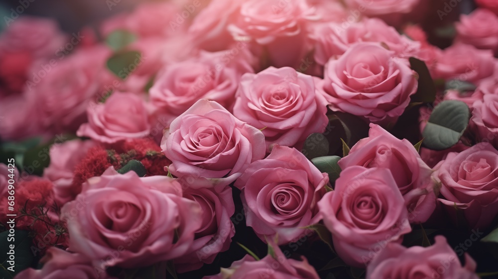 Beautiful bouquet of pink roses, flowers on a dark background, soft and romantic vintage filter, looking like an old painting Beautiful bouquet of pink roses, flowers on a dark background, soft and romantic vintage filter, looking like an old painting