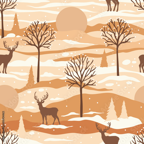 In a whimsical world of vibrant hues, deer in the winter forest of intricately drawn trees seamless vector pattern, aesthetic landscape painting
