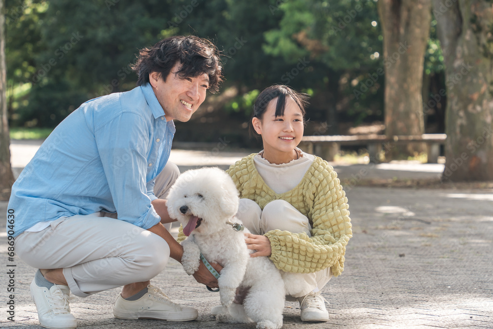 愛犬を可愛がる飼い主の親子・犬の散歩(父親と娘)
愛犬を可愛がる飼い主の親子・犬の散歩(父親と娘)