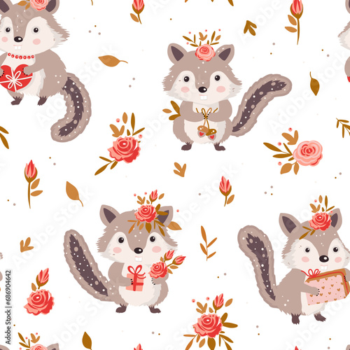 A whimsical illustration of a group of adorable cartoon chipmunks with rose flower, each holding a brightly wrapped gift. Vector chipmunk seamless pattern