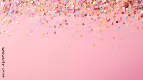 Colorful Confetti and sparkles on pink pastel trendy background. Festive frame, holiday backdrop. Flat lay, copy space. photo