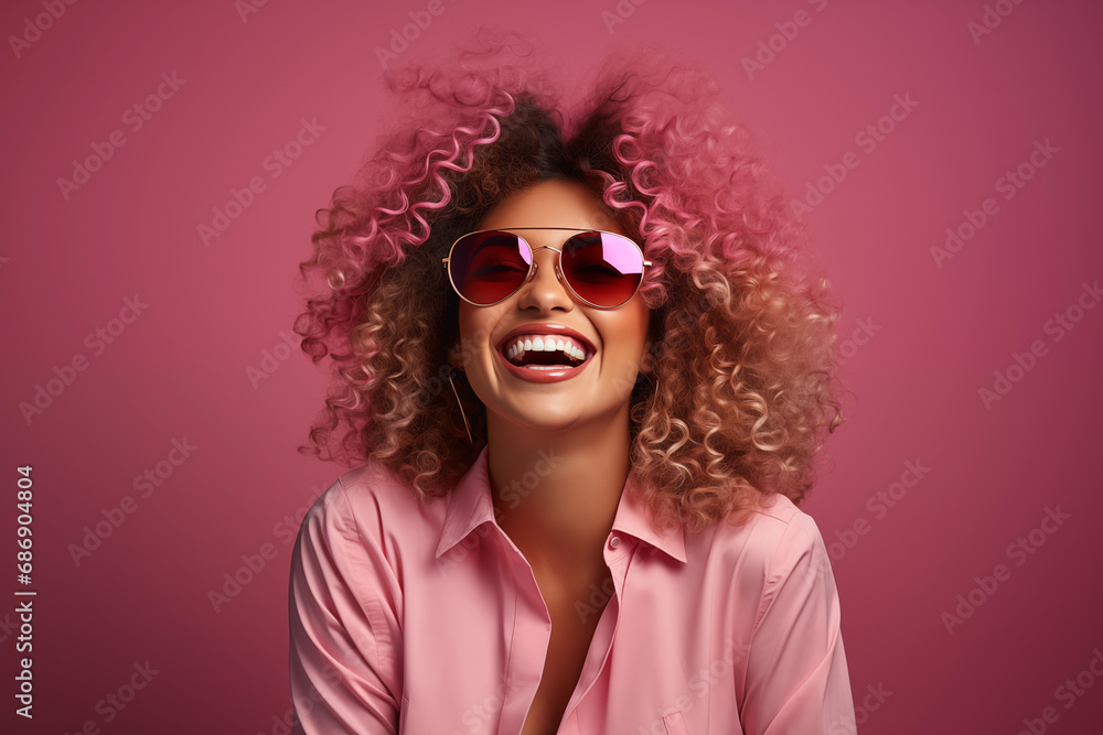 Joyful African American woman with voluminous curly hair wearing pink sunglasses and a pink shirt.