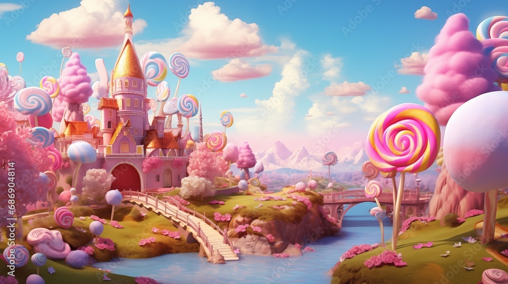 Illustrate a love story set in a whimsical candy land. Illustrate a love story set in a whimsical candy land.