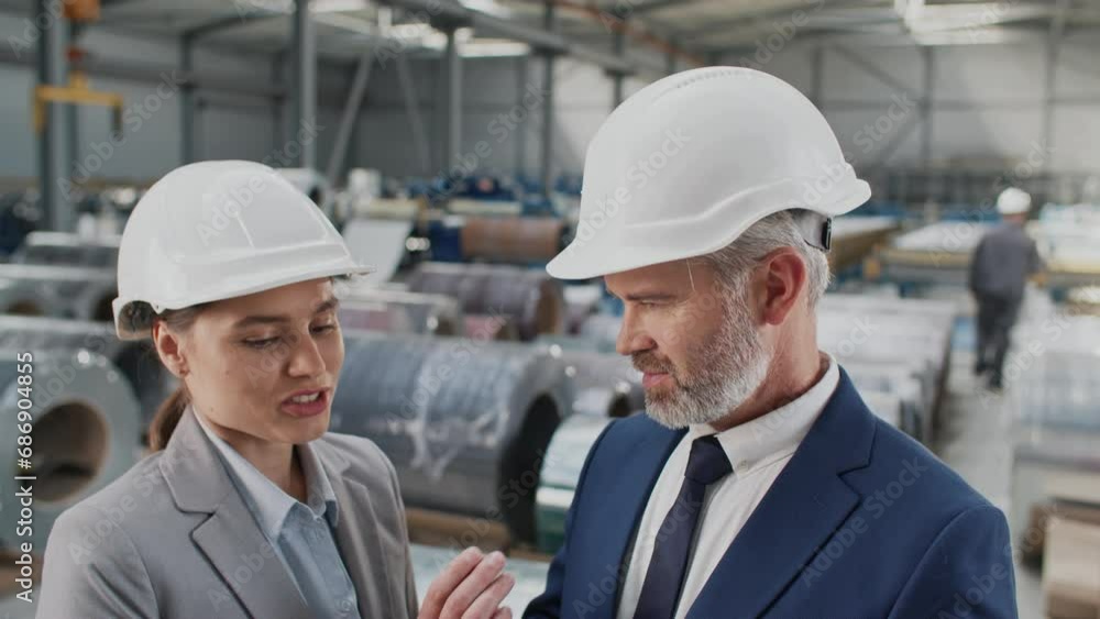 Caucasian executives with helmet considering something while standing in workshop in facility. People speaking with each other about business. In background workers controlling manufacturing process. Caucasian executives with helmet considering something while standing in workshop in facility. People speaking with each other about business. In background workers controlling manufacturing process.