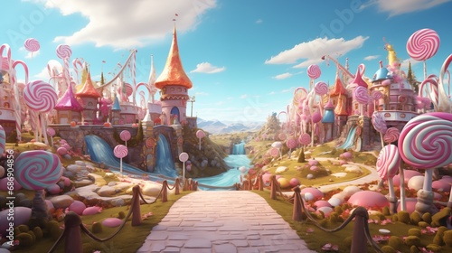 A cartoon scene of a castle with candy land