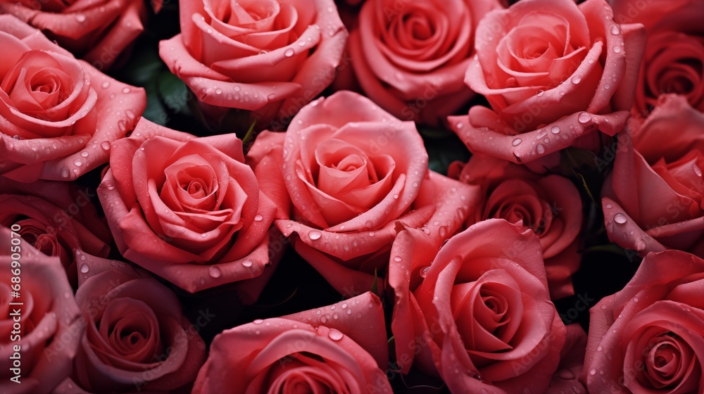 A bunch of red roses with water droplets on them A bunch of red roses with water droplets on them