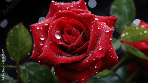 A close up of a red rose with water droplets photo