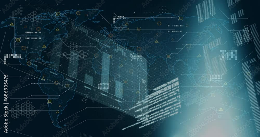Animation of data processing over diagrams and world map on black background Animation of data processing over diagrams and world map on black background