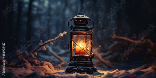 Christmas background with lantern Illustration, Lantern in winter with snow on ground in the style of depictions of inclement weather. Generative Ai photo