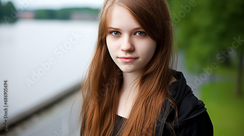 red-haired woman near water, wearing black jacket, contemplative mood, outdoors, serene atmosphere, Caucasian, posing for a picture