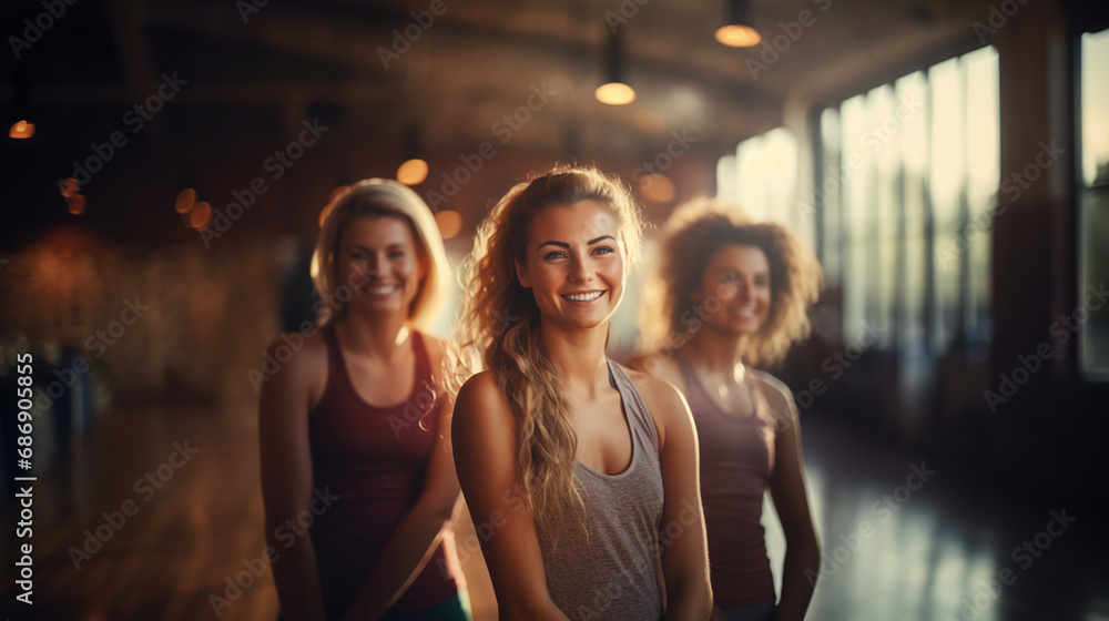 three women in brightly lit room, wearing sports bras, smiling, and engaging in group exercise or dance class. positive, energetic atmosphere with diverse participants.