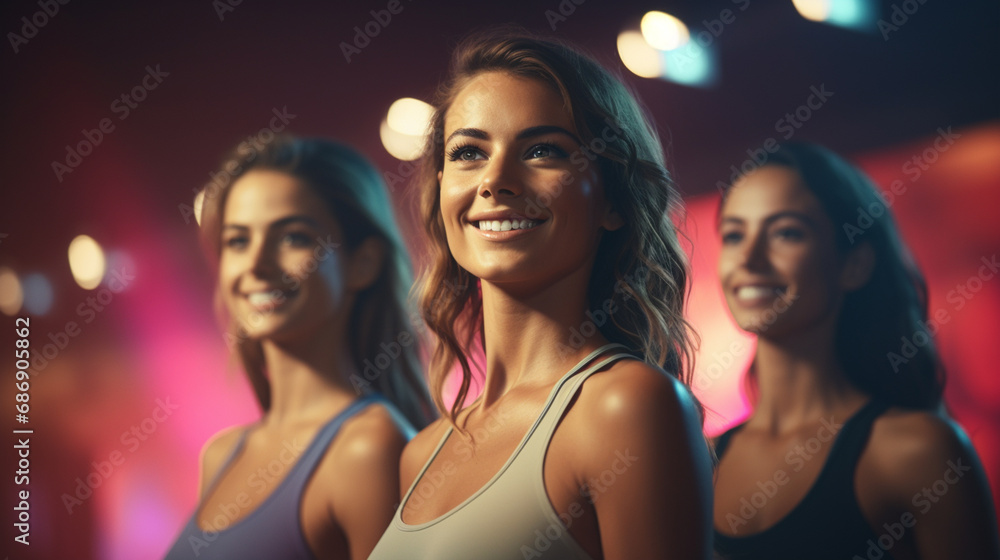 three women in club setting, diverse and lively, smiling brightly and exuding positive energy and happiness. three women in club setting, diverse and lively, smiling brightly and exuding positive energy and happiness.