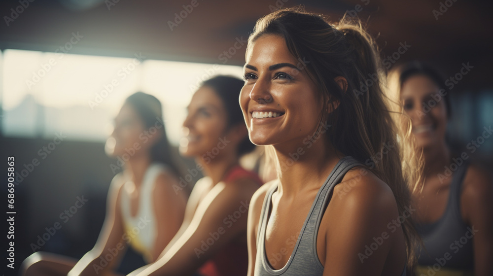 four women on stationary bikes, wearing sports bras, smiling and enjoying fitness class in diverse gym setting. camaraderie and positivity reflect the benefits of group fitness activities.