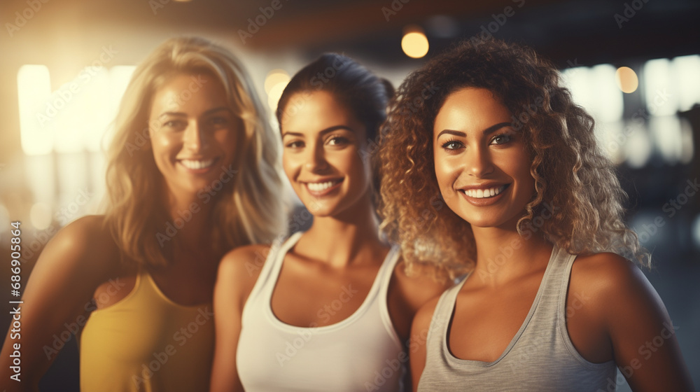 Fototapeta premium three women in brightly lit room, wearing sports bras, smiling, and engaging in group exercise or dance class. positive, energetic atmosphere with diverse participants.