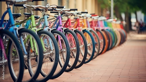 Colorful Bicycles Parked in a Row on Urban Sidewalk. Generative ai
