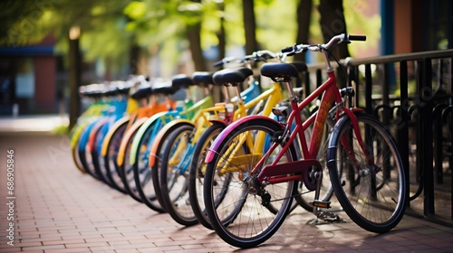 Colorful Bicycles Parked in a Row on Urban Sidewalk. Generative ai