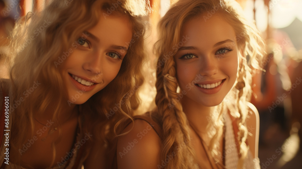 two young women with blonde hair, smiling and enjoying time together, standing close in a joyful scene with carousel in the background, lively and cheerful atmosphere