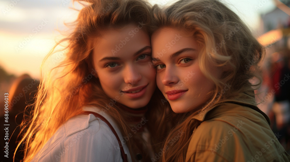 two beautiful young women, eyes closed, heads tilted in a moment of happiness outdoors, serene atmosphere with sunset, genuine connection and affection two beautiful young women, eyes closed, heads tilted in a moment of happiness outdoors, serene atmosphere with sunset, genuine connection and affection