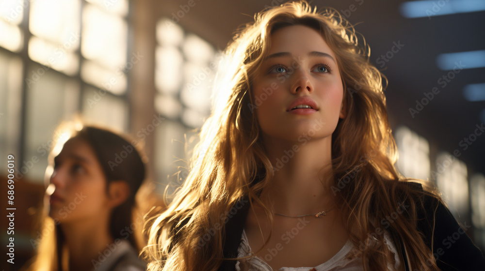 Fototapeta premium young woman with long, curly hair in white shirt, looking upward with thoughtful expression, contemplative and introspective mood