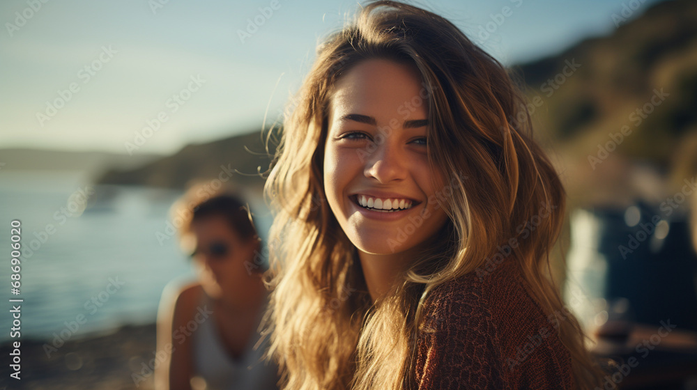 beautiful young woman with long, curly hair, smiling at the beach, sitting on a bench near the water, joyful and relaxed atmosphere beautiful young woman with long, curly hair, smiling at the beach, sitting on a bench near the water, joyful and relaxed atmosphere