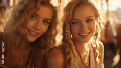 two young women with blonde hair  smiling and enjoying time together  standing close in a joyful scene with carousel in the background  lively and cheerful atmosphere