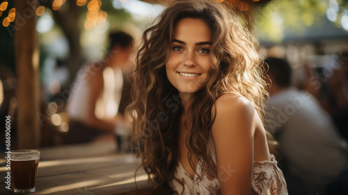 beautiful young woman with curly hair sits at wooden dining table in restaurant, smiling, enjoying time