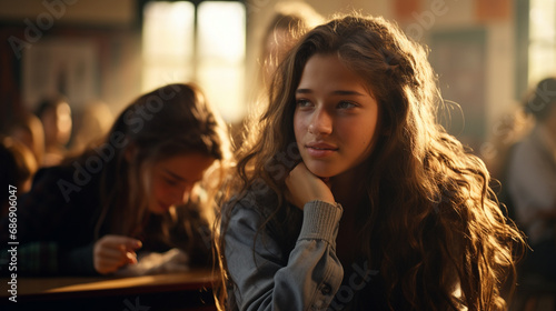 young woman with long, curly hair at classroom dining table, deep in thought, calm and focused atmosphere, content and at ease, blue shirt and gentle smile