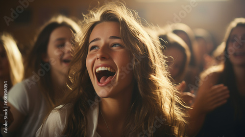 lively scene with young woman at center, smiling and laughing in social gathering, cheerful and energetic atmosphere, genuine enjoyment and connection among people © wetzkaz