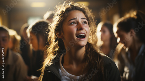 young girl with surprised expression looking up at sky in crowd, green jacket, daytime scene, experiencing moment of wonder and excitement