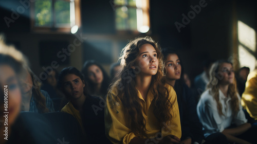 group of young women in dark room, attentively watching screen, diverse ethnicities, expressions of curiosity and interest, shared experience and engagement, possibly in a movie theater