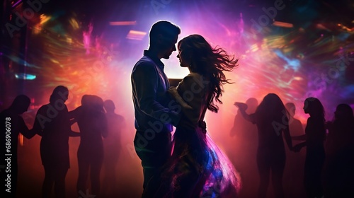 Intimate Couple Dancing in Neon Club Lights. Generative ai