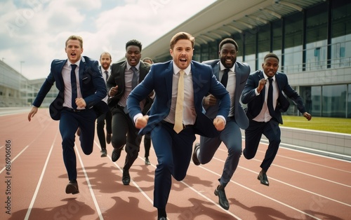 Businessmen doing a sprint race on an athletics track photo
