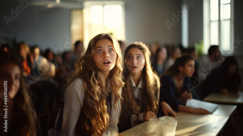 group of young women in classroom, looking up with surprise and curiosity, fictional reason © wetzkaz