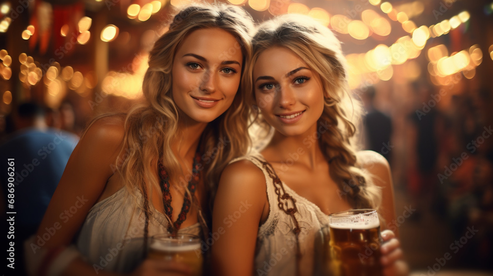 two women in Bavarian garb, smiling, festive atmosphere, outdoor setting, social event, cheerful and celebratory mood, memorable moment