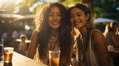 young adult women traveling and sitting in a cafe or restaurant in tropical vacation, fictional location