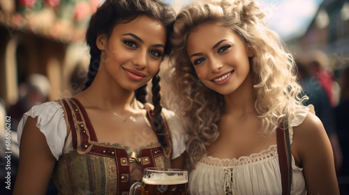 two women in Bavarian garb, smiling, festive atmosphere, outdoor setting, social event, cheerful and celebratory mood, memorable moment