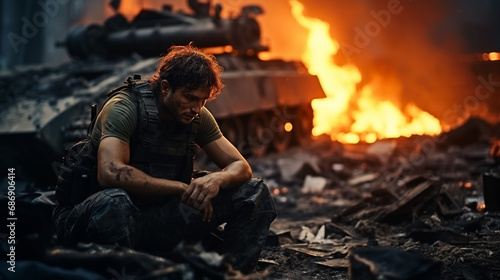 war and soldier, fire and flames. determined soldier. fictional location