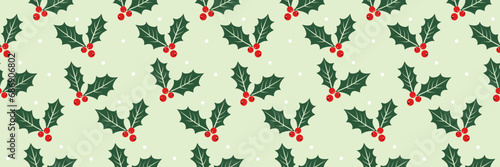 Christmas holly berries seamless pattern for gift wrapping paper, festive design, traditional background. Flat modern vector texture.