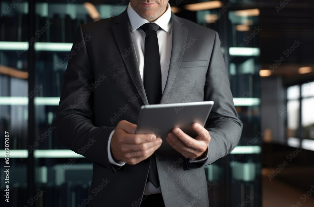 A man in a suit holding a tablet with office windows in the background A man in a suit holding a tablet with office windows in the background