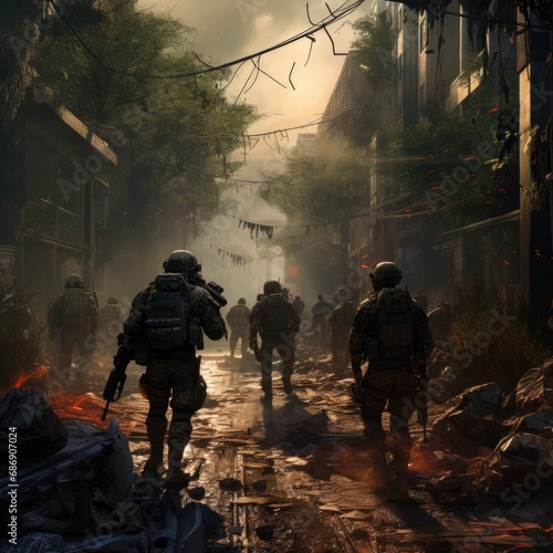 Soldiers in full gear walking down the street of a destroyed city