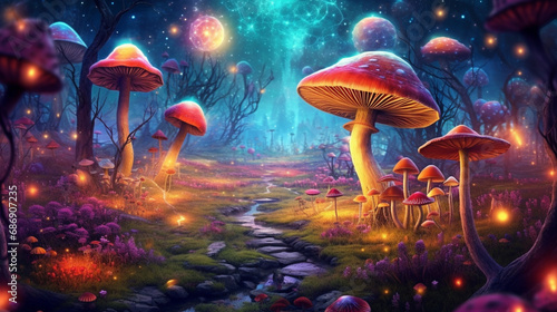 Fantasy-Märchenwald mit Mondlicht, generative KI