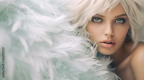 Portrait of a young, beautiful girl with her face concealed in animal fur and feathers, creating an abstract artistic fashion concept.