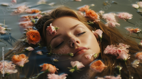  A beautiful young lady lies in a lake adorned with flowers  soaking in the calming sunlight on a peaceful day. The concept embodies relaxation and serenity. Vintage portrait.