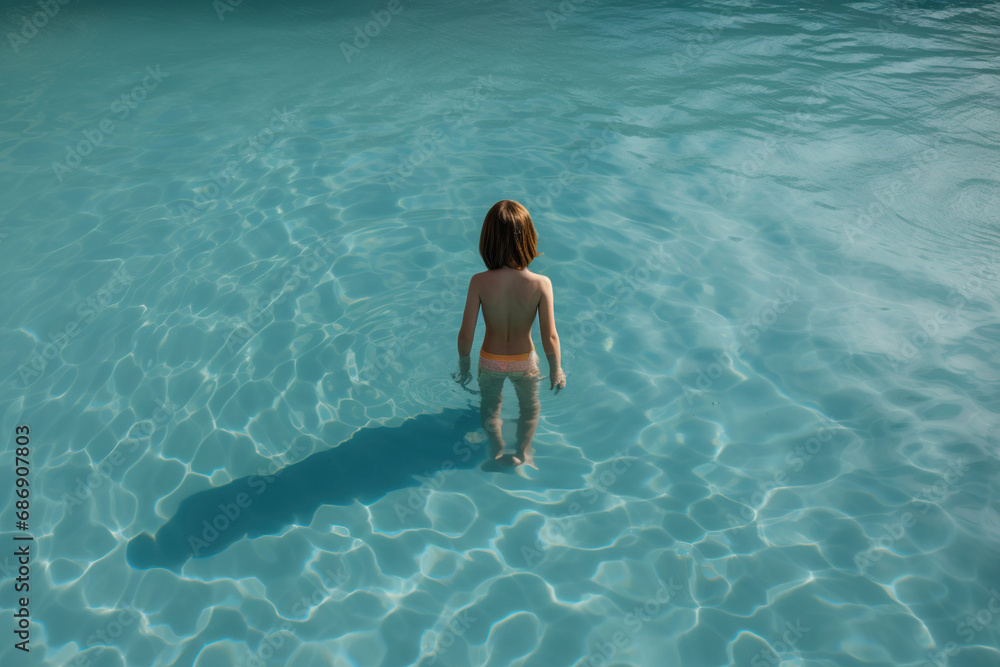 Child swimming in a pool alone back view, concept of Water play
