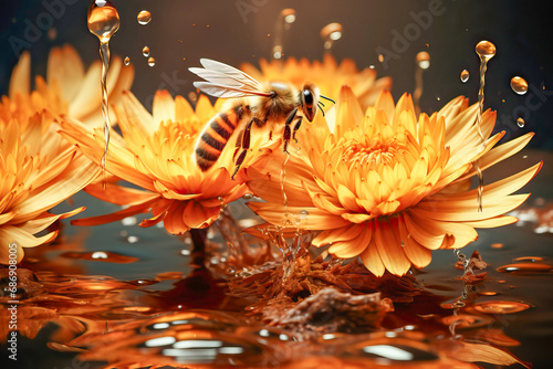 honey bees and flowers in a golden hazy light