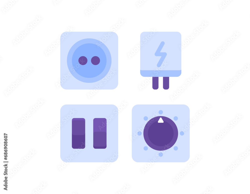 Illustration of charging cube, rotary switch, light switch, and socket. electronic devices. collection or set of icons or symbols. flat style design. graphic elements. Vector Illustration of charging cube, rotary switch, light switch, and socket. electronic devices. collection or set of icons or symbols. flat style design. graphic elements. Vector